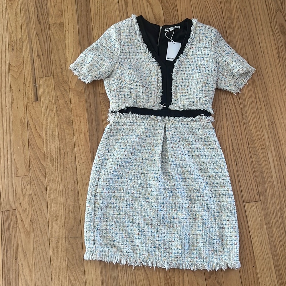 NWT Walter Baker tweed sequin leather detail dress